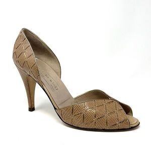 Vintage Bruno Magli 80s Snake Peep Toe Dress Shoes Heels Pumps Tan Gold 8.5 38.5